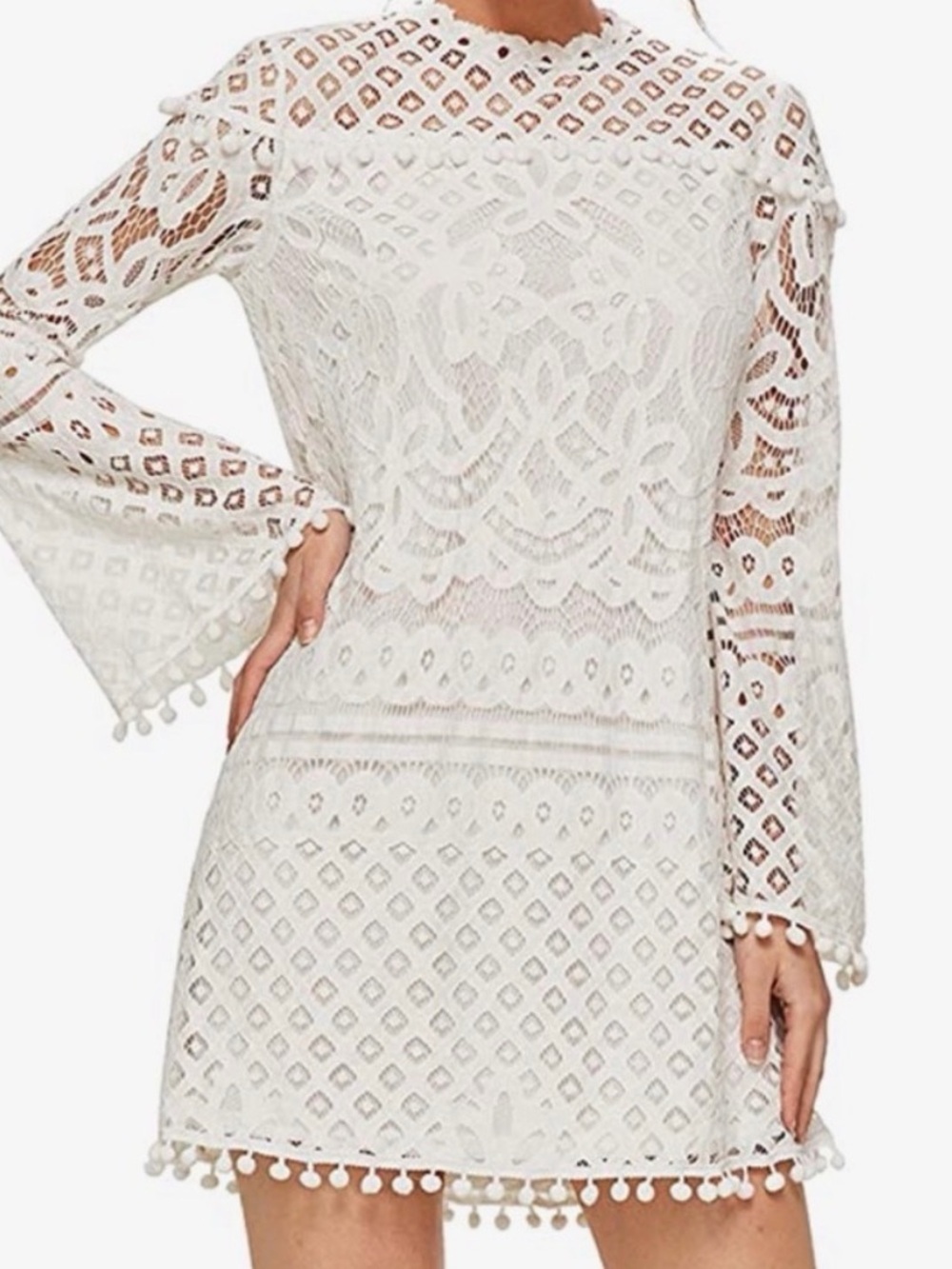 SHEIN White Crochet Lace Pom-Pom Trim Mini Dress